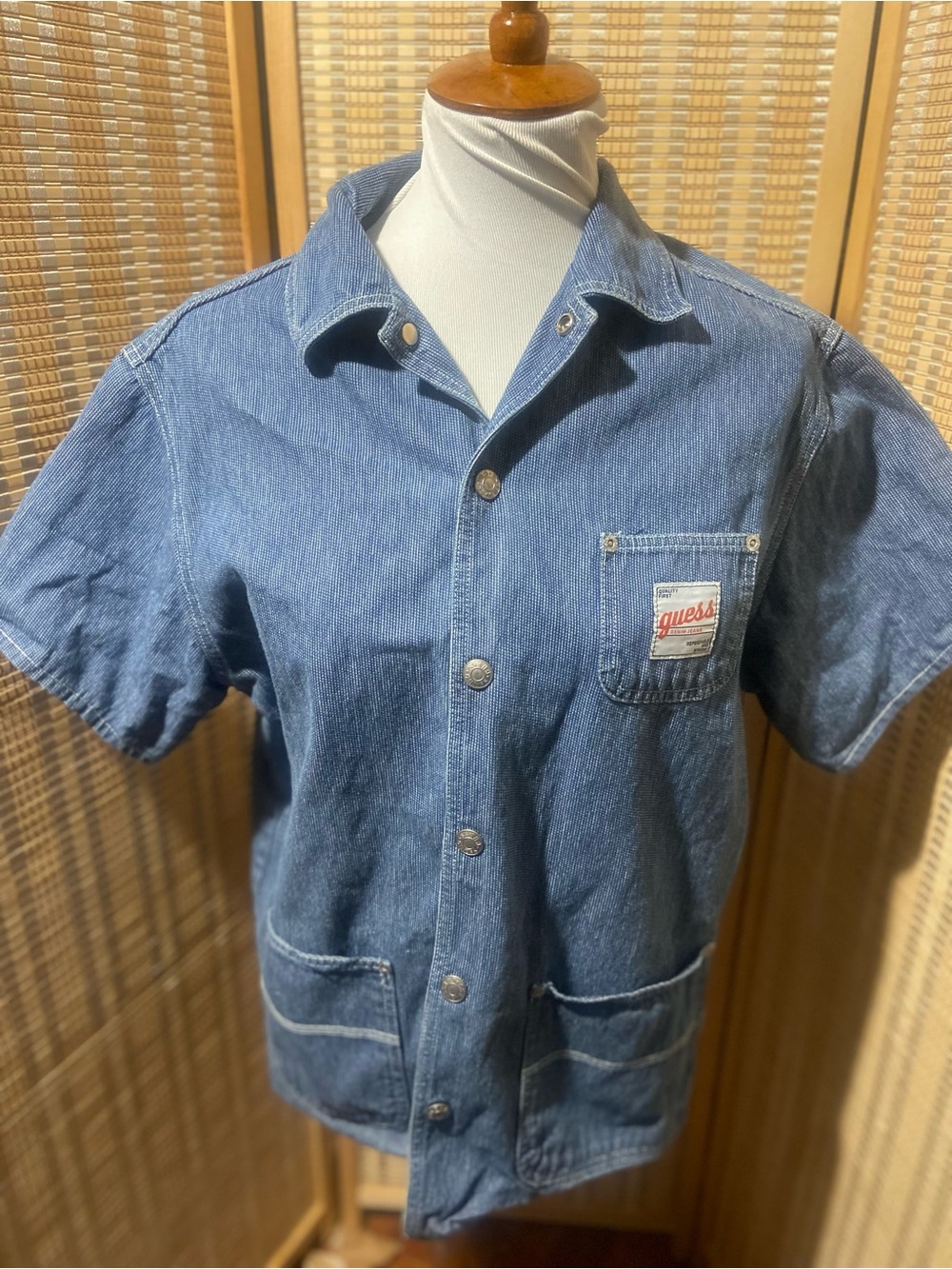 1990s Guess Kids/boys Hickory Stripe Short-Sleeve Chore Shirt